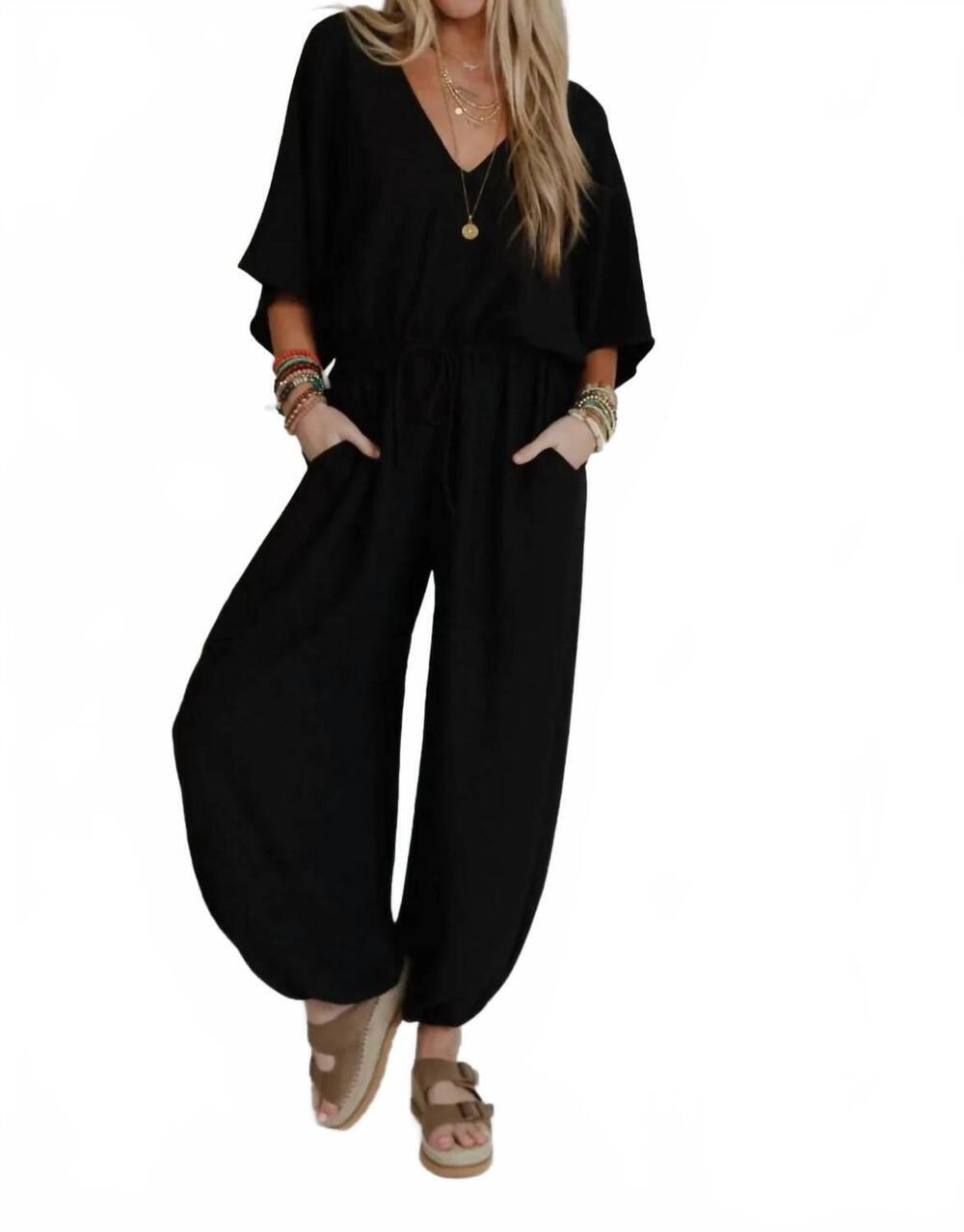 NEW THREE BIRD NEST new love relaxed drawstring jumpsuit in black